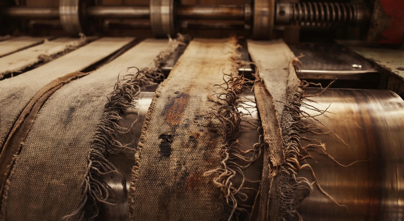 Worn and frayed conveyor belts running over steel rollers